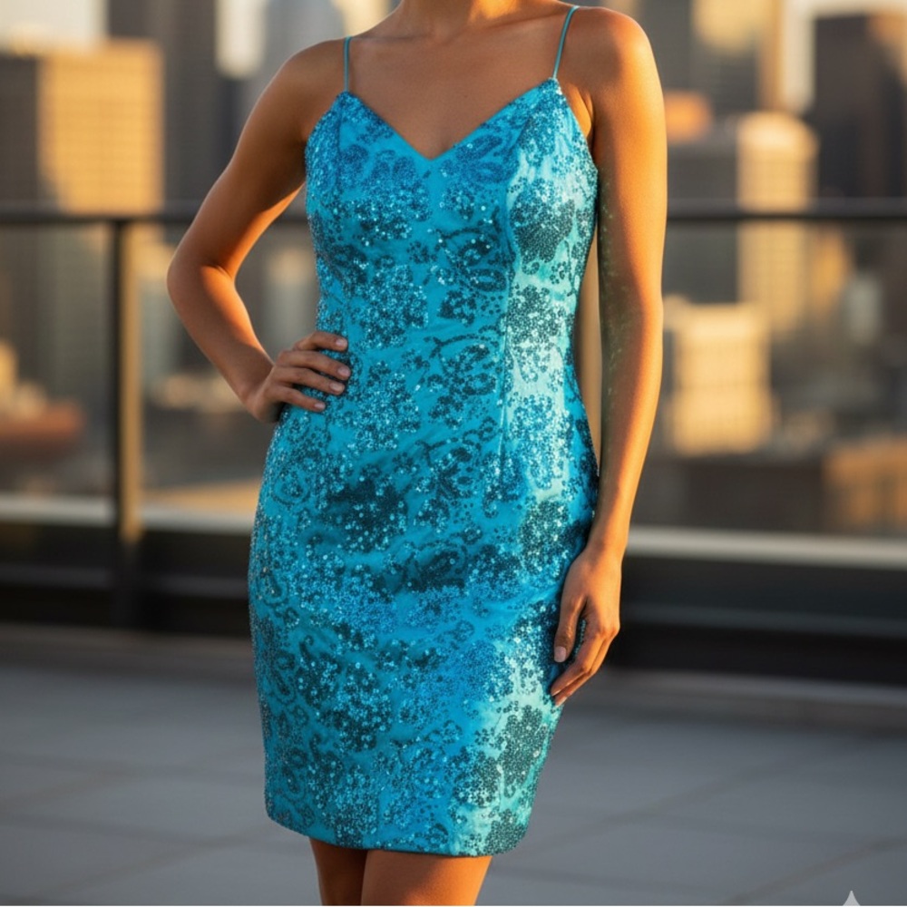 ZUM ZUM Women’s Two Tone Turquoise Sequin Floral Formal Mini Dress - Picture 2 of 11